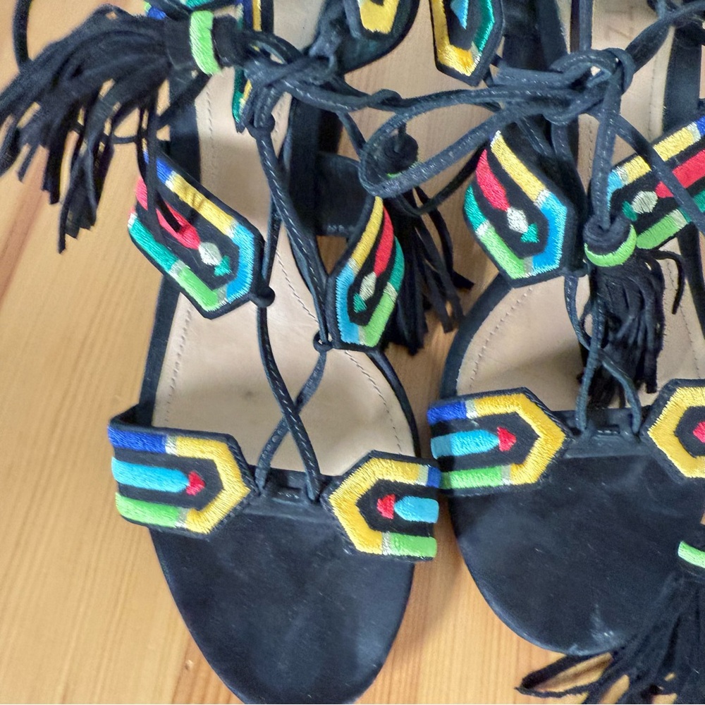 Schutz Heeled Sandals Embroidered with Tassels Boho 8.5 - Picture 3 of 9
